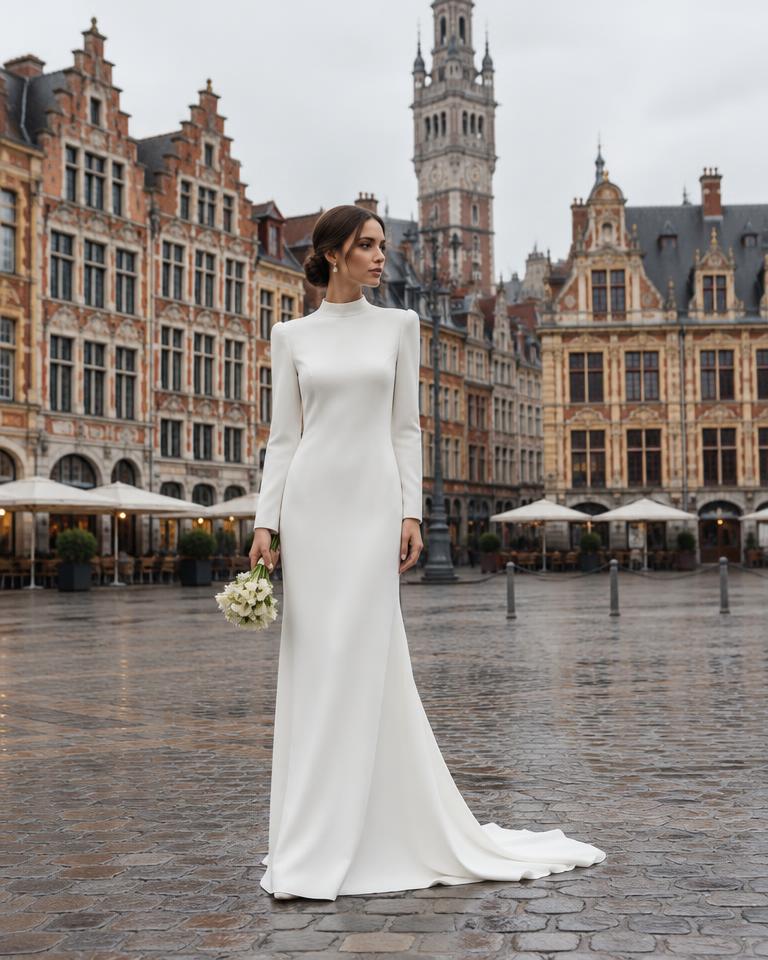 Colonne crêpe col montant, robe droite à louer à Lille