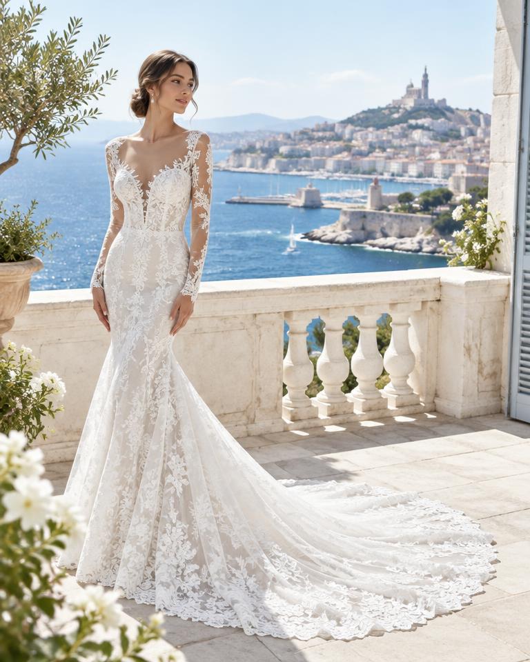 Sirène dentelle manches longues, robe sirène à louer à Marseille
