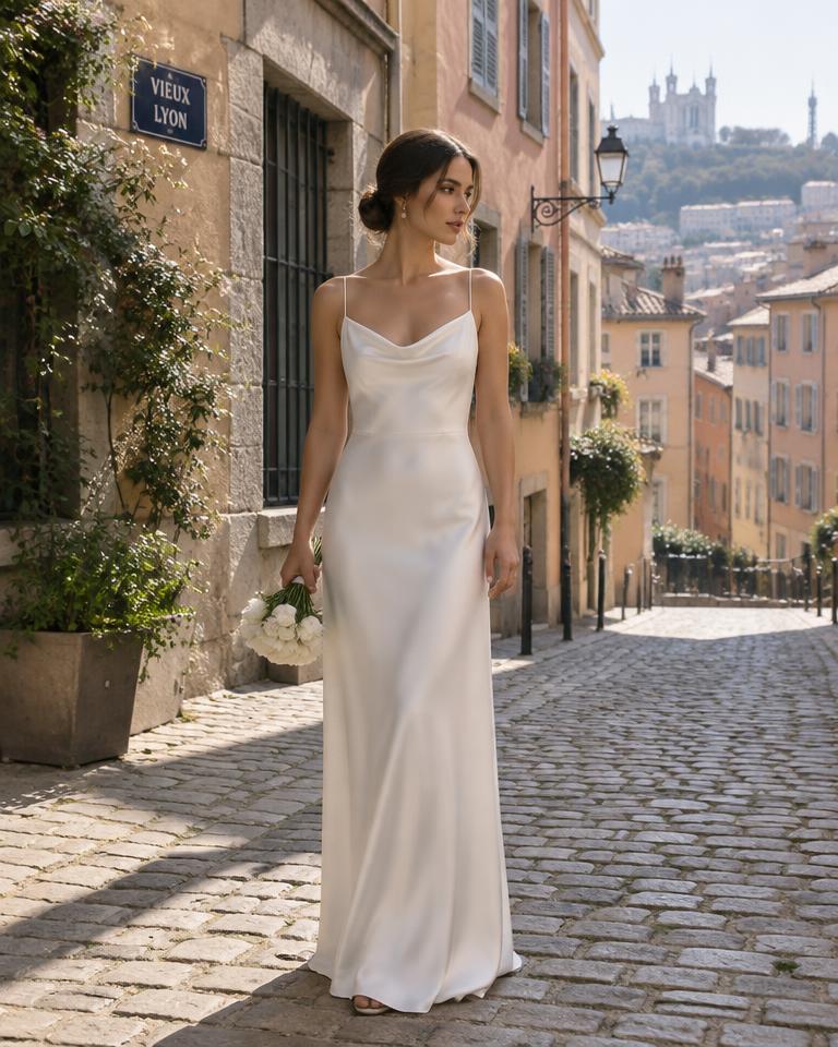 Robe nuisette satin col bénitier, robe droite à louer à Lyon