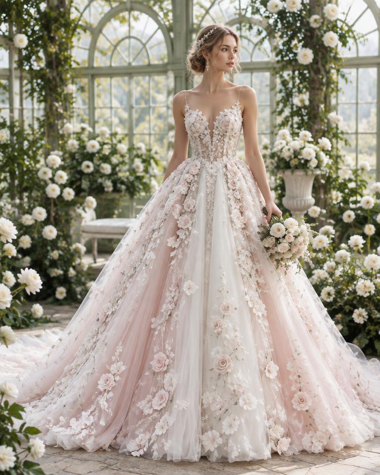 Princesse fleurs 3D rose poudré, robe princesse à louer à Montpellier